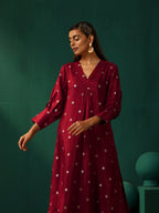 trueBrowns Maroon Diamond Viscose Silk Puff Sleeve Kurta Pant Set | Grocsy