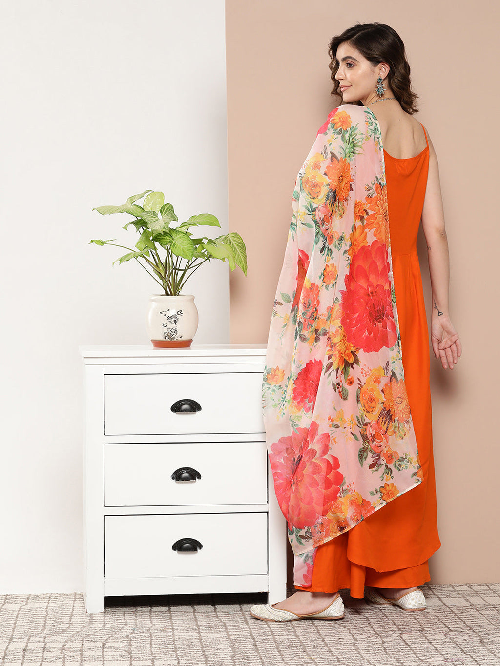 InWeave Women's Orange Strppy Set With Red Big Floral Print Dupatta | Grocsy