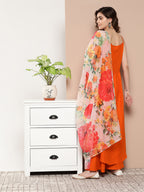 InWeave Women's Orange Strppy Set With Red Big Floral Print Dupatta | Grocsy