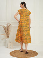 InWeave Women's Haldi Yellow Mughal Kalamkari A Line Dress | Grocsy