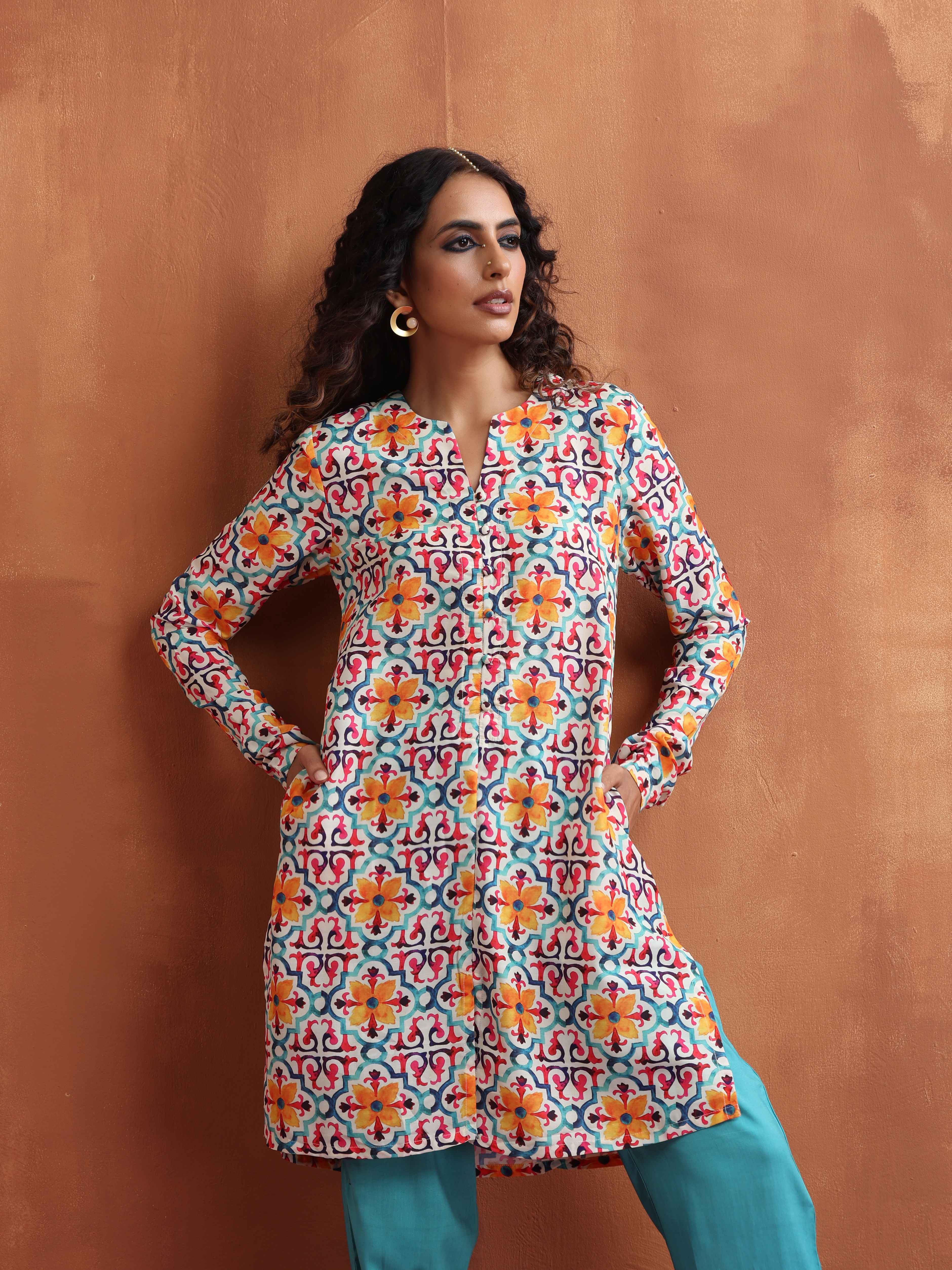 trueBrowns Off White Print Kurta Co-ord Set | Grocsy