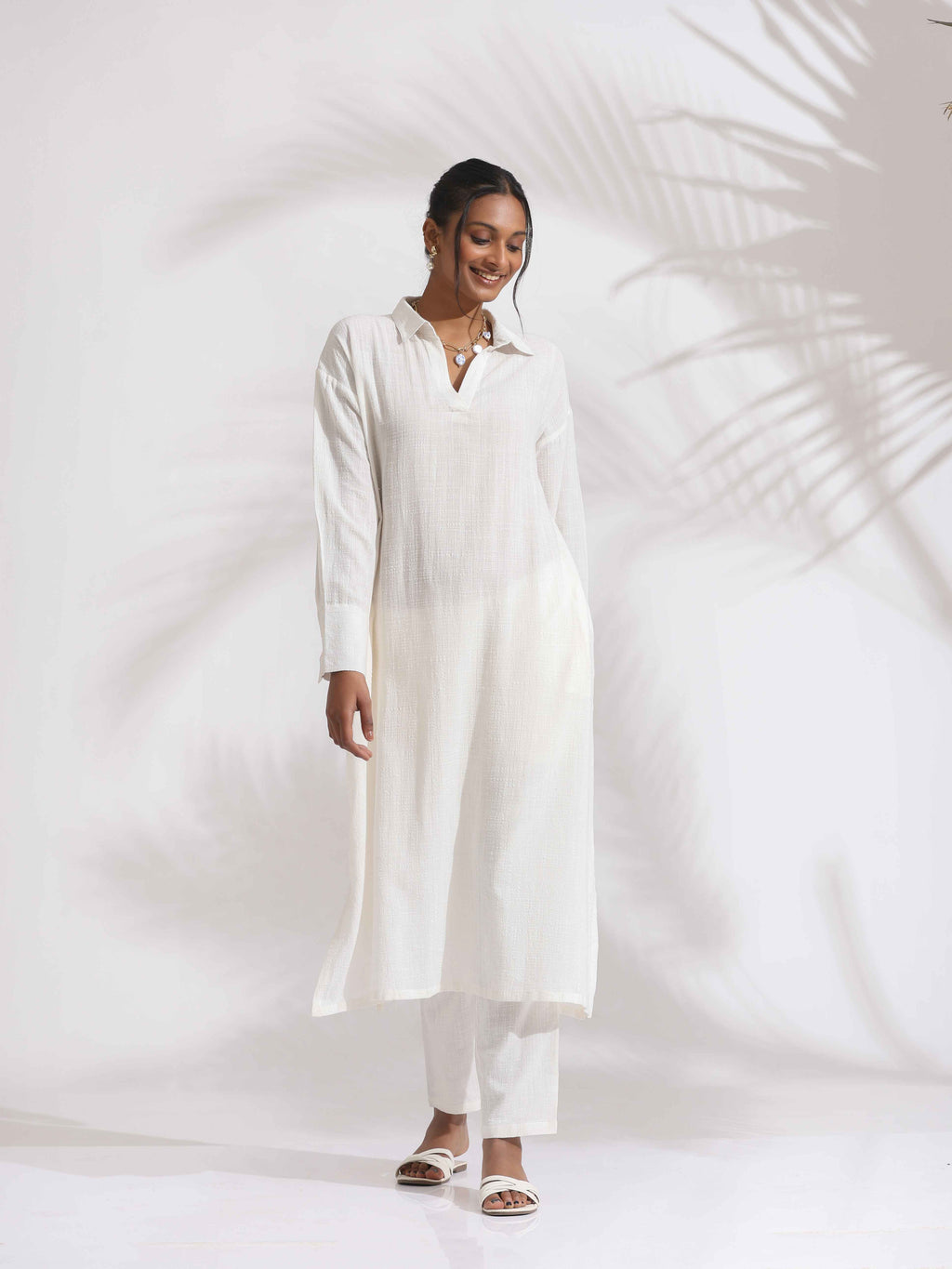 trueBrowns White Cotton A-line Kurta Set | Grocsy