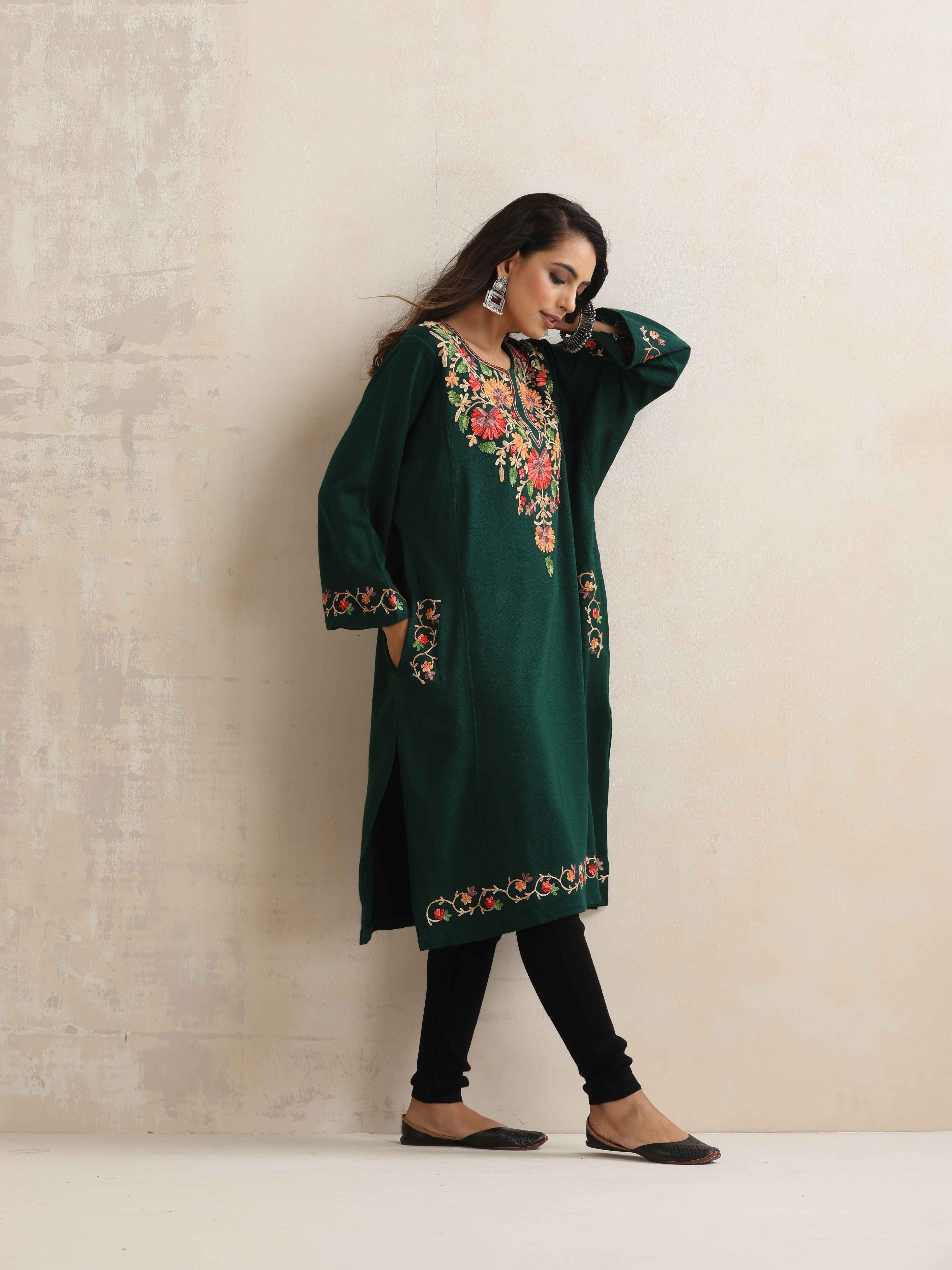 trueBrowns Green Kashmiri Embroidered Woollen Phiran Kurta | Grocsy
