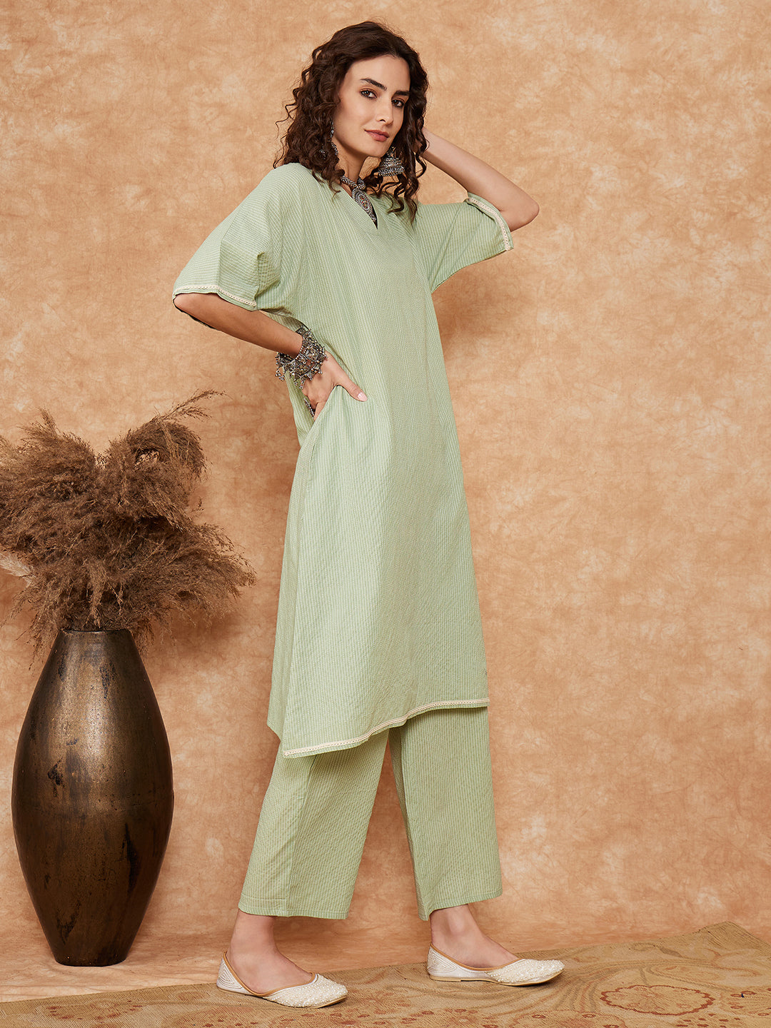 InWeave Women's Sage Green Kantha Lace Wrok Kimono Sleeve Kurta Set | Grocsy