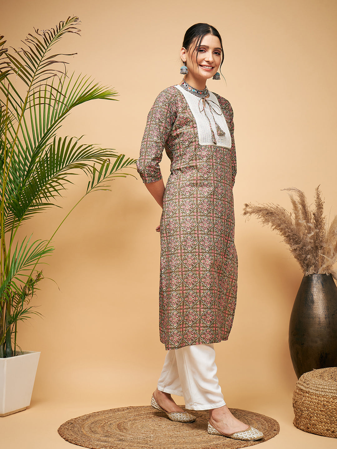 InWeave Women's Green Red Ajrakh Print Cotton Patch Work Straight Kurta | Grocsy