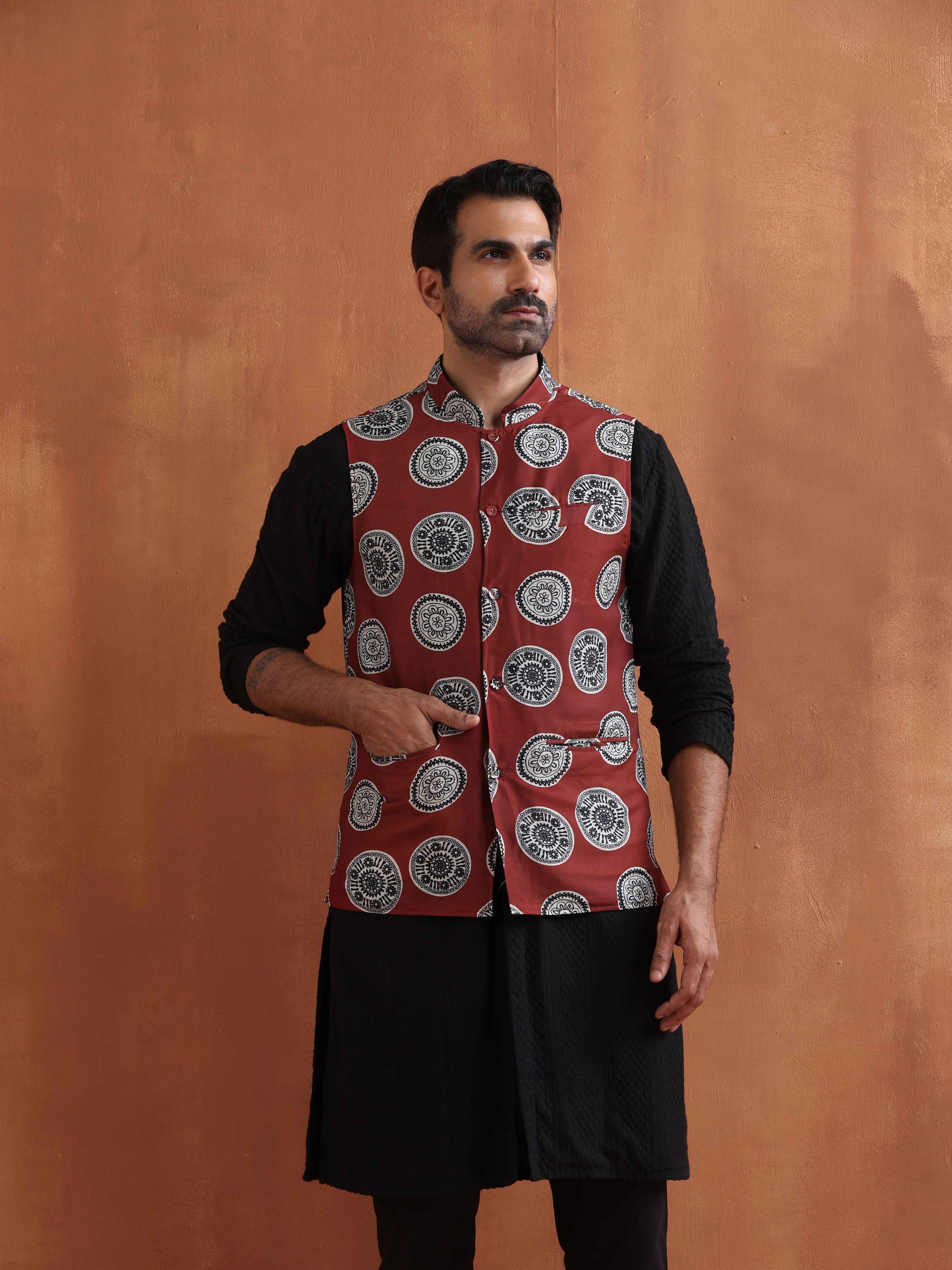 trueBrowns Men's Rust Printed Nehru Jacket | Grocsy