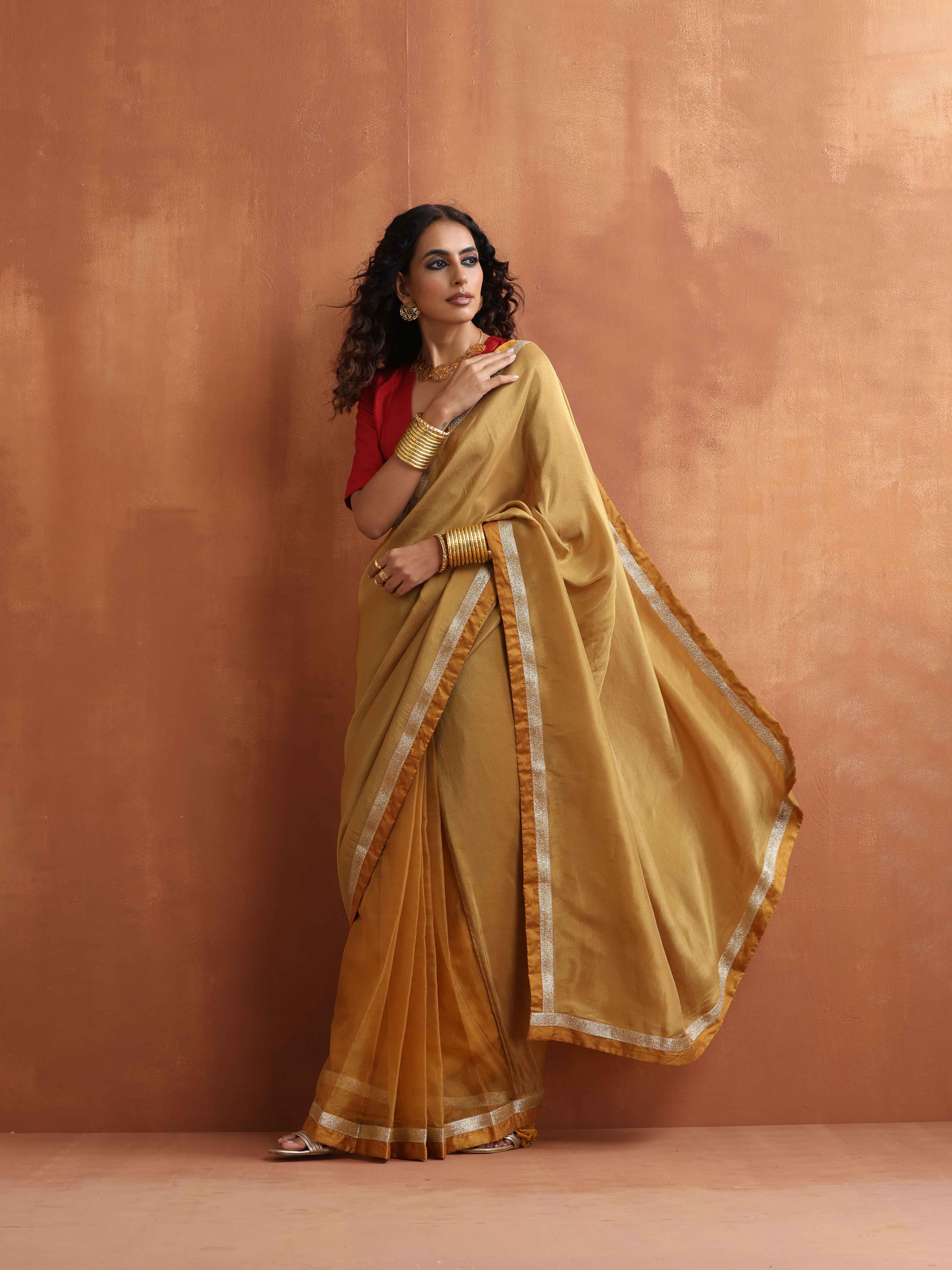trueBrowns Gold Tissue Ready To Wear Saree | Grocsy