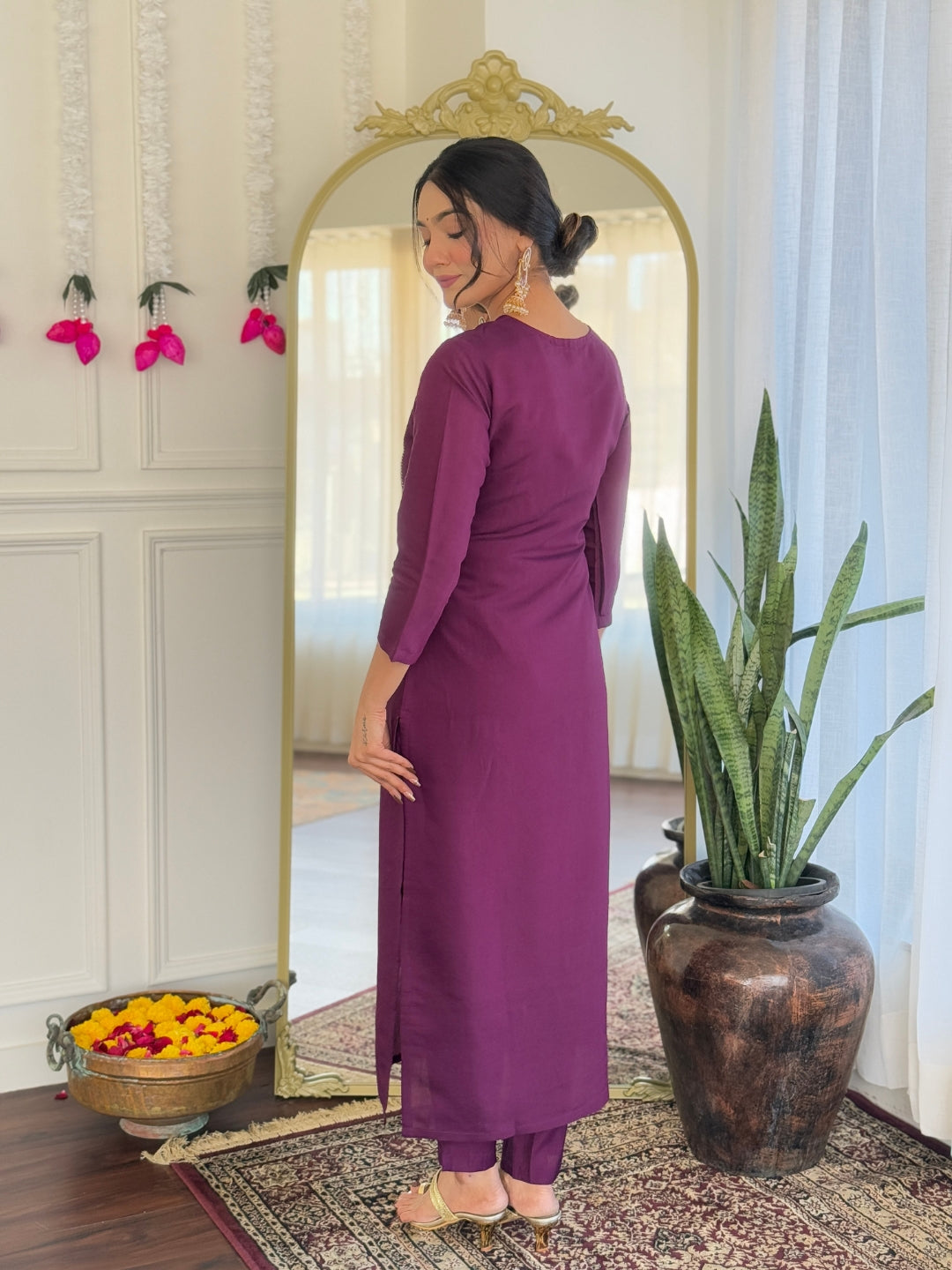 The52 Women's Viscose Chanderi Fabric Straight Kurta, Pant and Dupatta Set | Grocsy