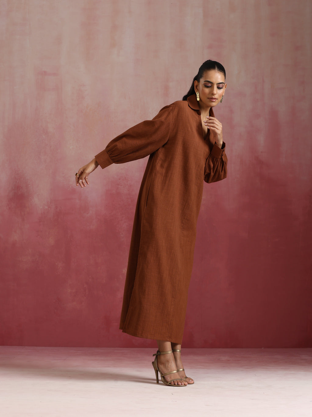 trueBrowns Brown Cotton Dobby Dress | Grocsy
