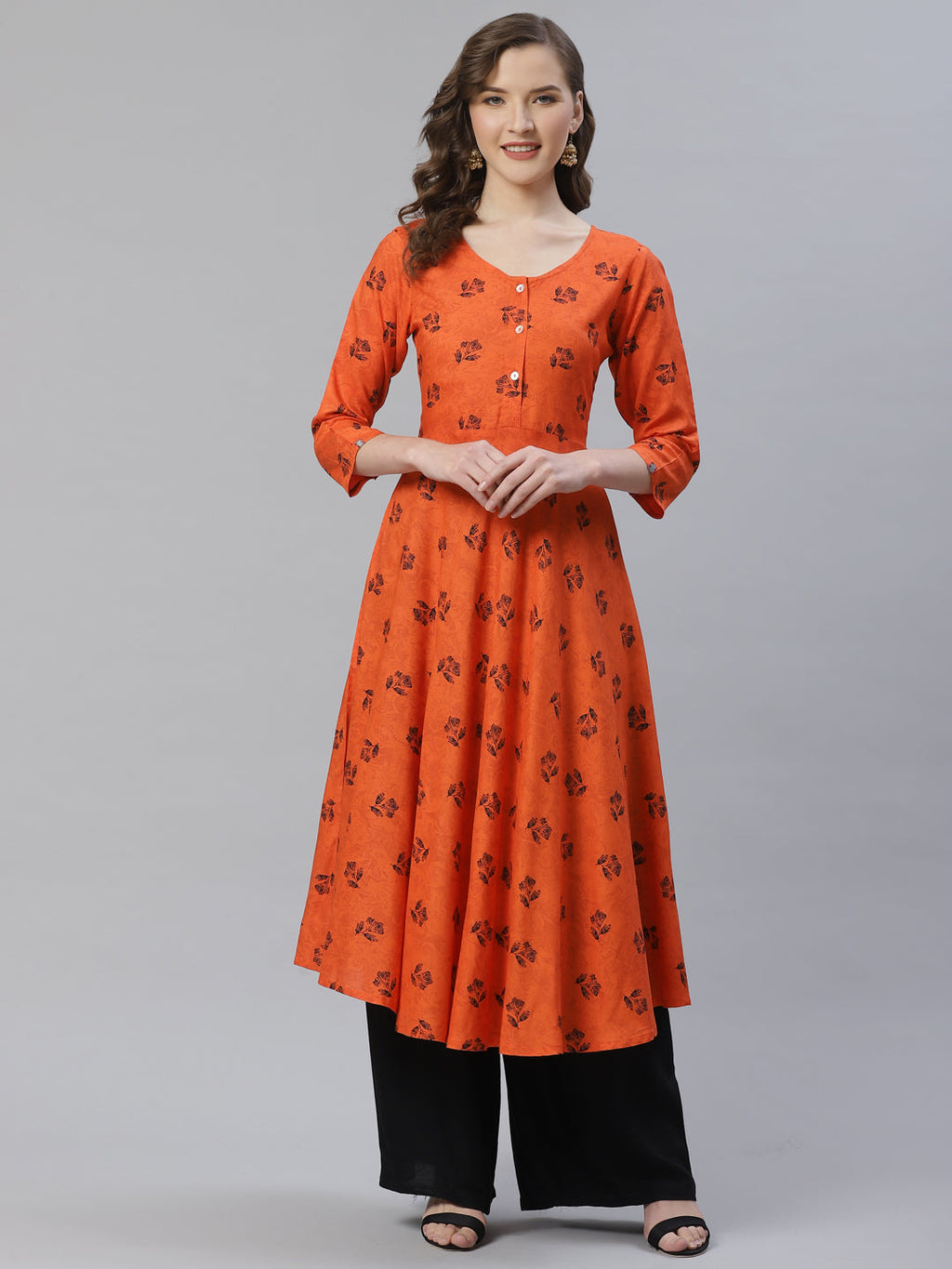 Jompers Women Orange & Black Floral Printed A-Line Kurta | Grocsy