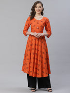Jompers Women Orange & Black Floral Printed A-Line Kurta | Grocsy