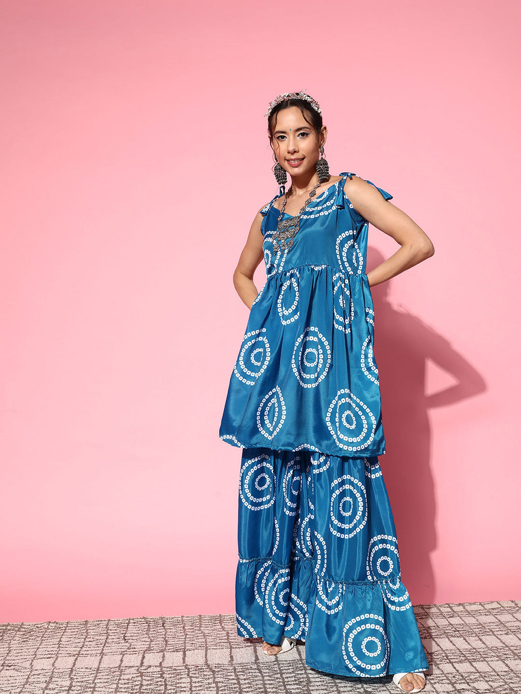 InWeave Women's Blue Bandhani Motif Shoulder Tie Up Kurta Set | Grocsy