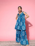 InWeave Women's Blue Bandhani Motif Shoulder Tie Up Kurta Set | Grocsy