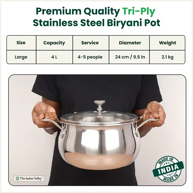 The Indus Valley TurboCuk Tri-ply Stainless Steel Handi Casserole/ Biryani Cooking Pot+ Glass Lid, Premium Quality, 3 Layer Thick Body, 100% Toxin-free, Non-stick, Induction & Gas, 4L | Grocsy