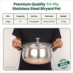 The Indus Valley TurboCuk Tri-ply Stainless Steel Handi Casserole/ Biryani Cooking Pot+ Glass Lid, Premium Quality, 3 Layer Thick Body, 100% Toxin-free, Non-stick, Induction & Gas, 4L | Grocsy