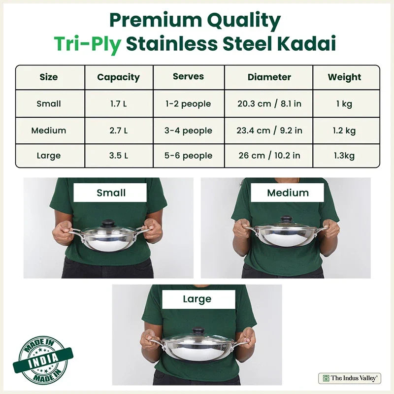The Indus Valley TurboCuk Tri-ply Stainless Steel Kadai+ Glass Lid, Premium Quality, 3 Layer Thick Body, 100% Toxin-free, Non-stick, Induction & Gas, 1.7/2.7/3.5L | Grocsy