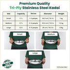 The Indus Valley TurboCuk Tri-ply Stainless Steel Kadai+ Glass Lid, Premium Quality, 3 Layer Thick Body, 100% Toxin-free, Non-stick, Induction & Gas, 1.7/2.7/3.5L | Grocsy