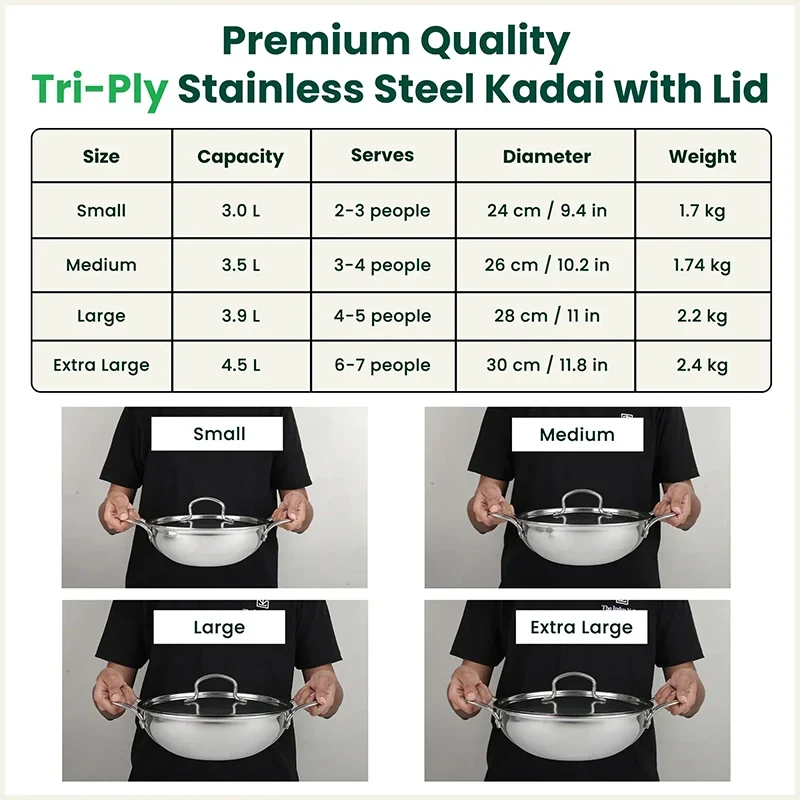 The Indus Valley TurboCuk Tri-ply Stainless Steel Kadai+ Steel Lid, Premium Quality, 3 Layer Thick Body, 100% Toxin-free, Non-stick, Induction & Gas, 3L/3.5L/3.9L/4.5L | Grocsy