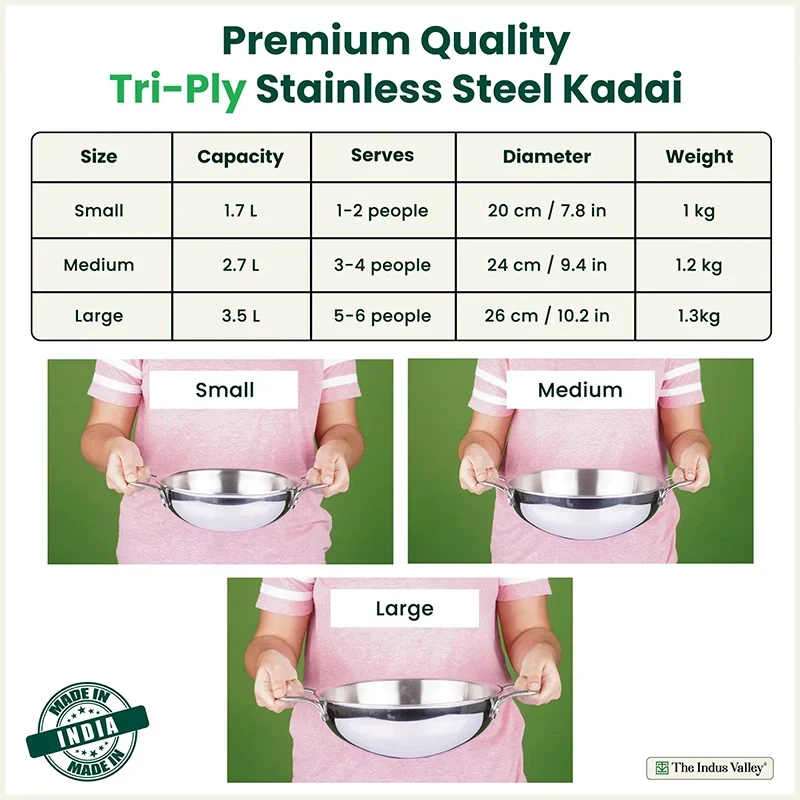 The Indus Valley TurboCuk Tri-ply Stainless Steel Kadai, Premium Quality, 3 Layer Thick Body, 100% Toxin-free, Non-stick, Induction & Gas, Free ₹110 Spatula, 1.7/2.7/3.5L | Grocsy