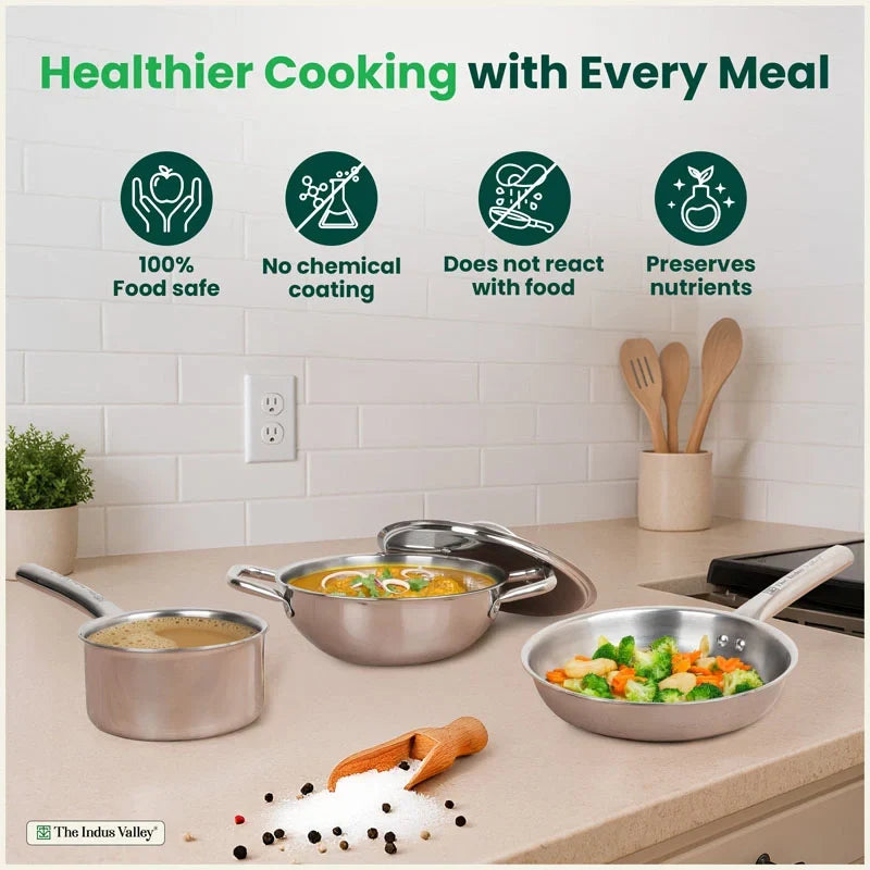 The Indus Valley TurboCuk Tri-ply Stainless Steel Cookware Set: 24cm Kadai with Lid + 22cm Fry Pan + 16cm Sauce pan, Premium Quality, 3 Layer Thick Body, 100% Toxin-free, Non-stick, Induction & Gas | Grocsy