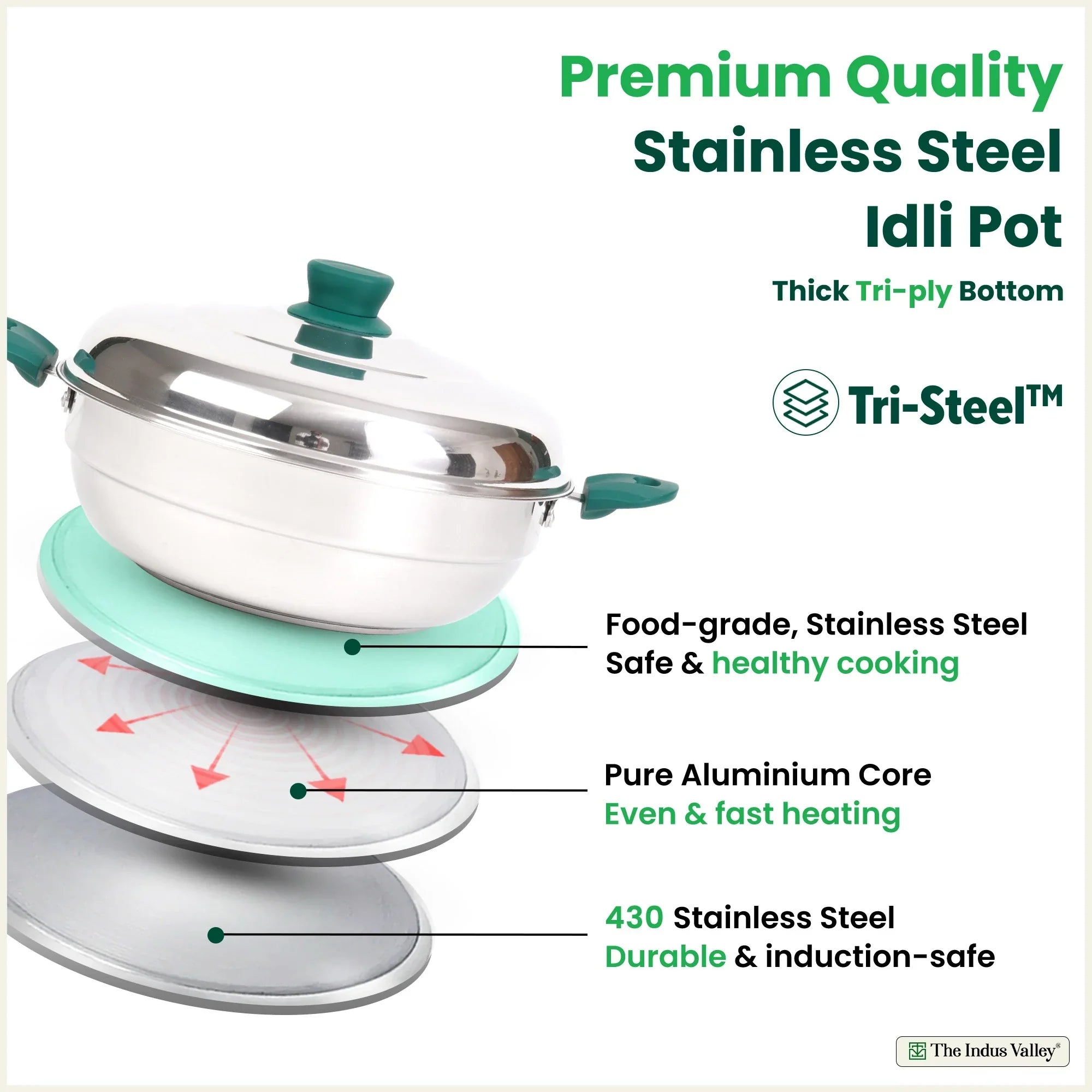 The Indus Valley 14 Pit Tri-Steel Multi Pot Premium Stainless Steel Idli/ Momo Maker/  Veg Steaming Set, Tri-ply Induction Bottom, 2 Plates, 27cm | Grocsy