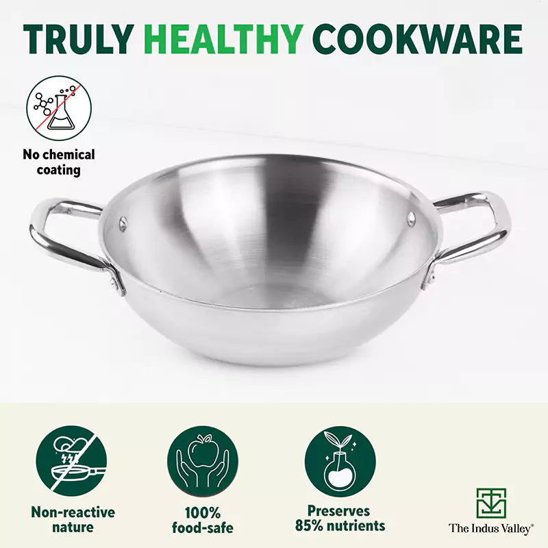 The Indus Valley TurboCuk Tri-ply Stainless Steel Cookware Set: 2.2L Kadai+ 1.4L Frypan+  1.2L Tea/Milk pan, Premium Quality, 3 Layer Thick Body, 100% Toxin-free, Non-stick, Induction & Gas | Grocsy