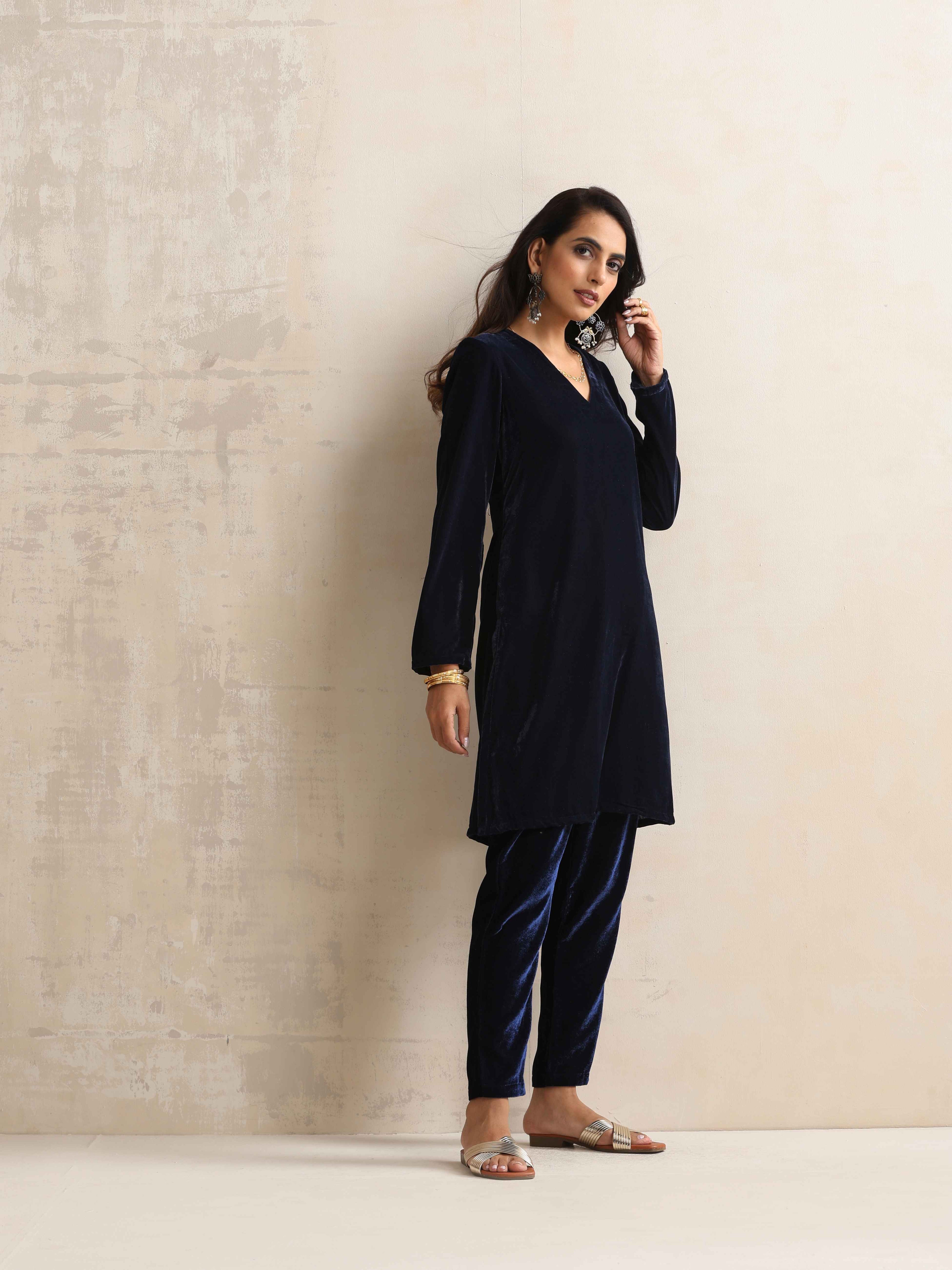 trueBrowns Blue Velvet Kurta Co-ord Set | Grocsy