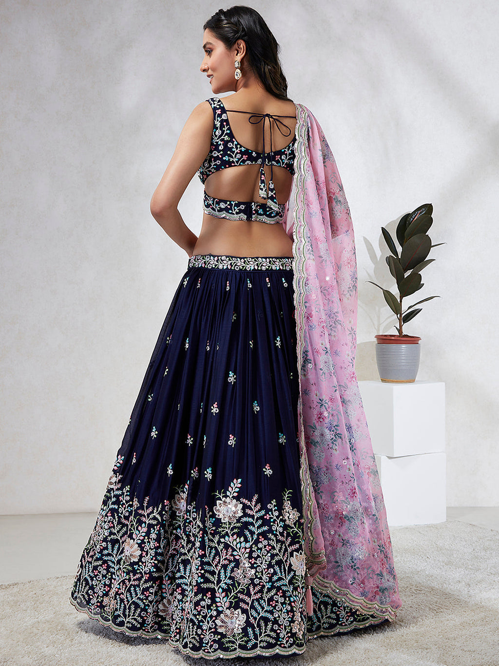 House of Panchhi Navy Blue Georgette Sequins, Mirror And Thread Embroidery Lehenga Choli & Dupatta | Grocsy