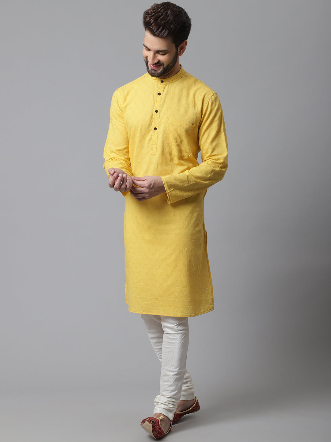 Even Apparels Yellow Pure Cotton Kurta With Band Collar | Grocsy