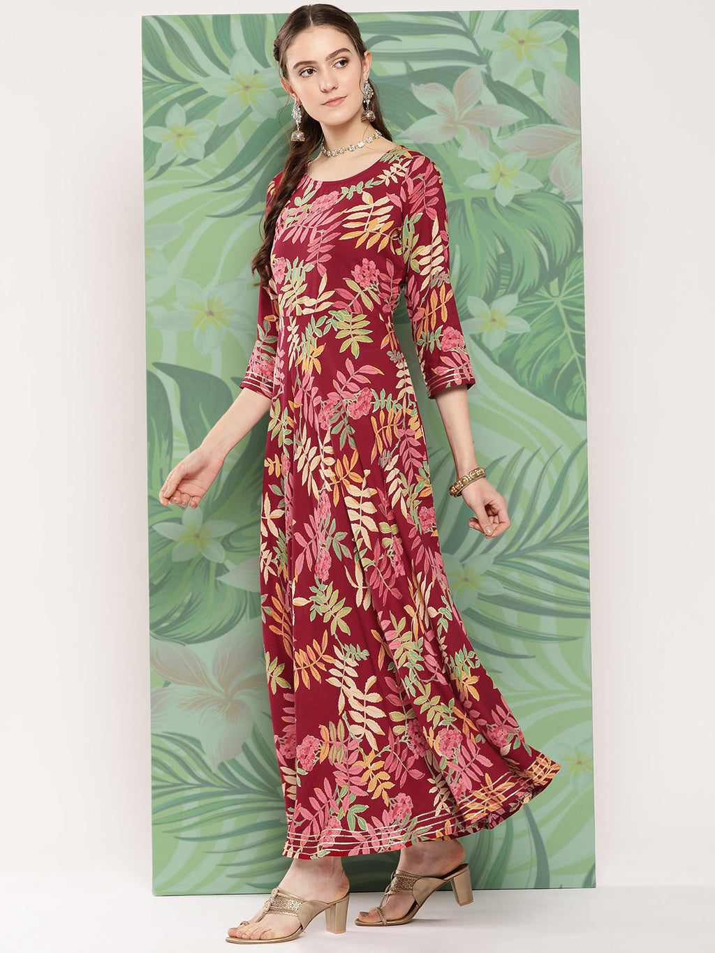 InWeave Women's Red Tropical Print Gota Long Dress | Grocsy