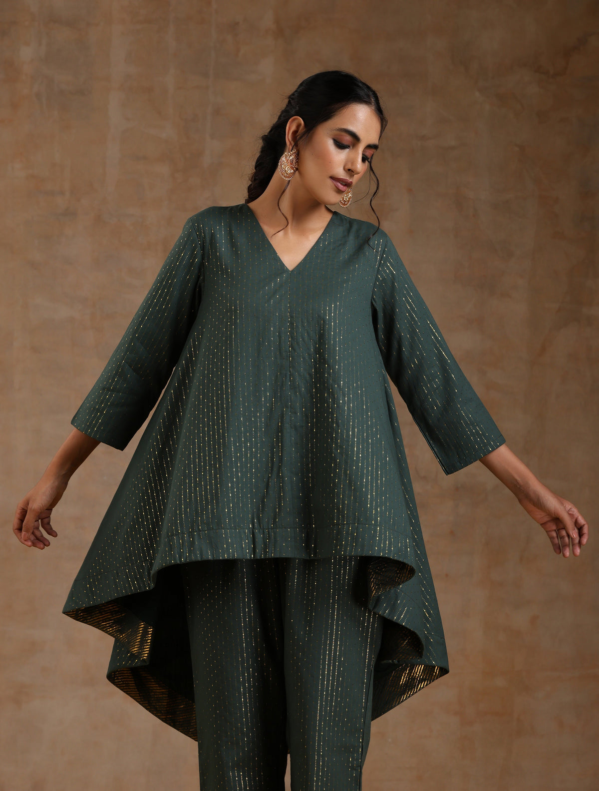 trueBrowns Dark Green Gold Cotton High-Low Co-Ord Set | Grocsy