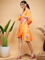 InWeave Women's Haldi Yellow Pink Mauve Flower Belted Dress | Grocsy
