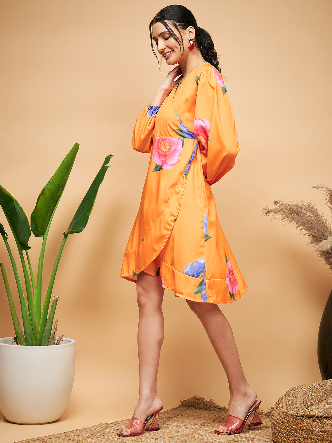 InWeave Women's Haldi Yellow Pink Mauve Flower Belted Dress | Grocsy