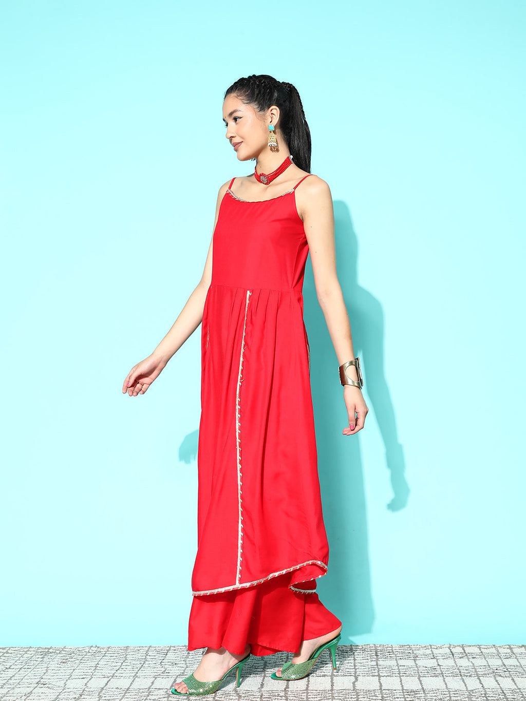InWeave Women's Red Gota Strappy Set With Multi Foil Muslin Dupatta | Grocsy