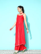 InWeave Women's Red Gota Strappy Set With Multi Foil Muslin Dupatta | Grocsy
