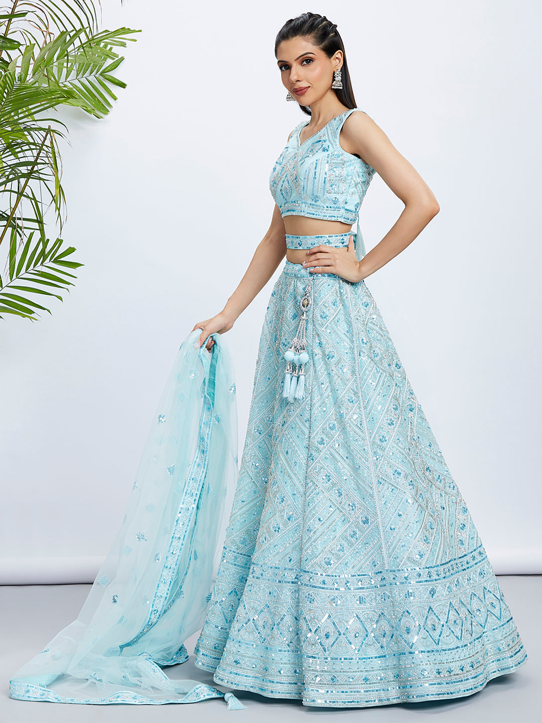 House of Panchhi Burgundy Chiffon Position Print With Sequins Embroidery Lehenga Choli & Dupatta | Grocsy