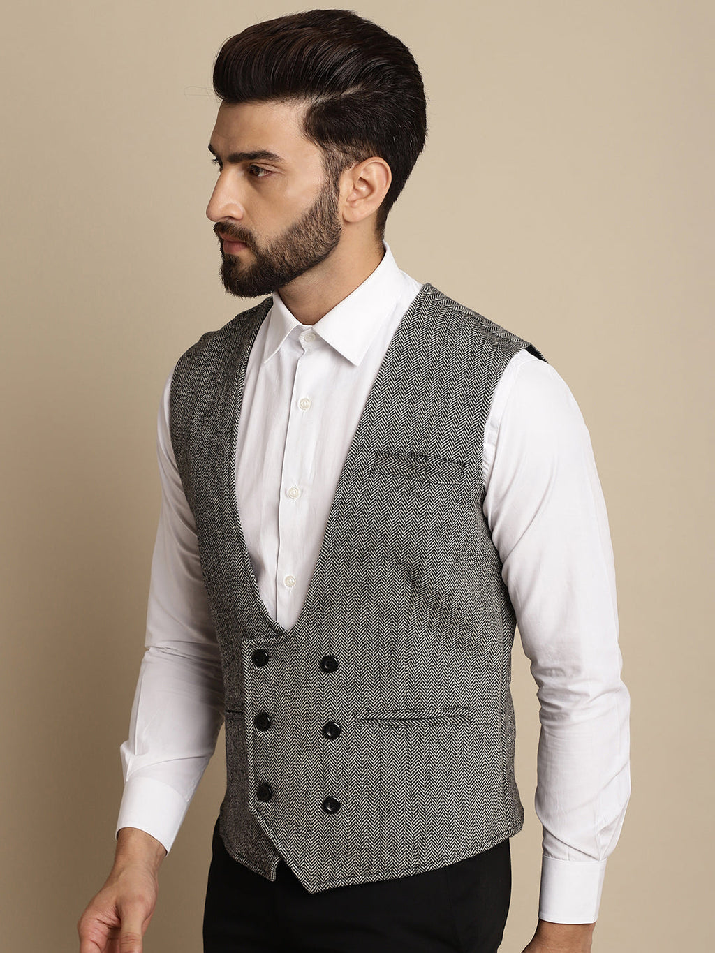 Even Apparels Men's Grey Woolen Double Breast Waistcoat | Grocsy