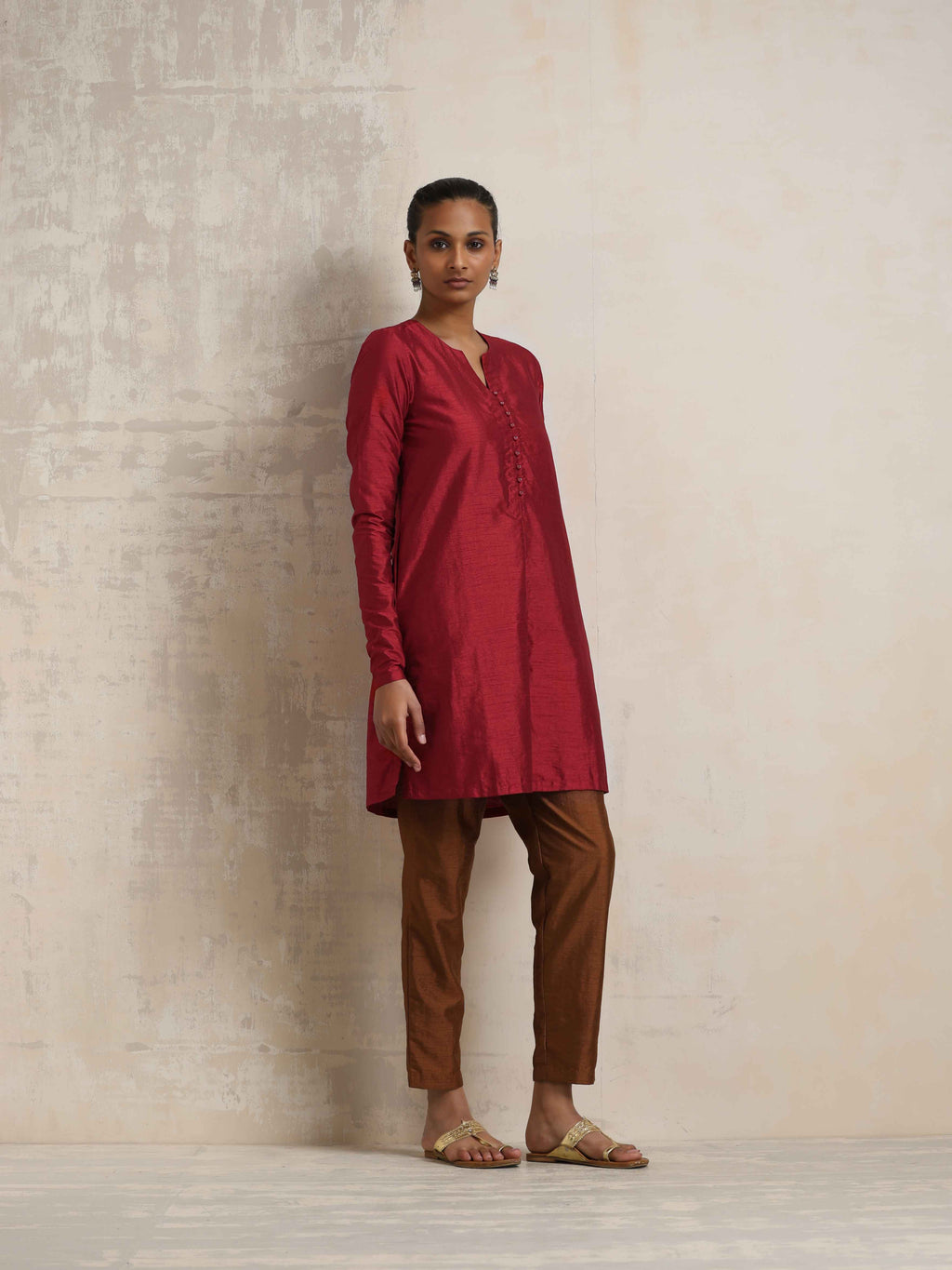 trueBrowns Red Silk Kurta Co-ord Set | Grocsy