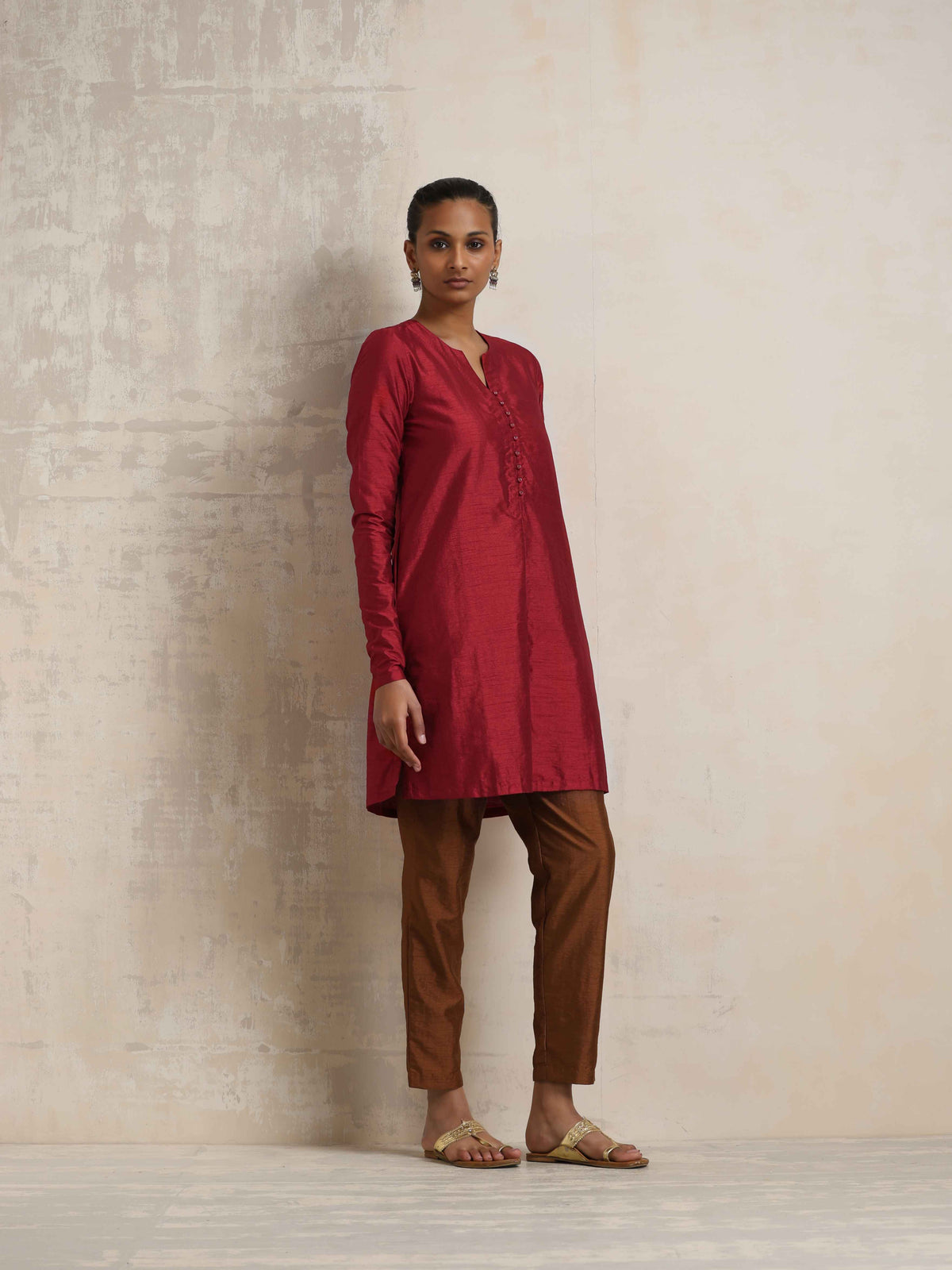 trueBrowns Red Silk Kurta Co-ord Set | Grocsy