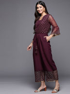 Ahalyaa Printed Bell Sleeves Crepe Basic Jumpsuit With Waist Tie-Ups | Grocsy