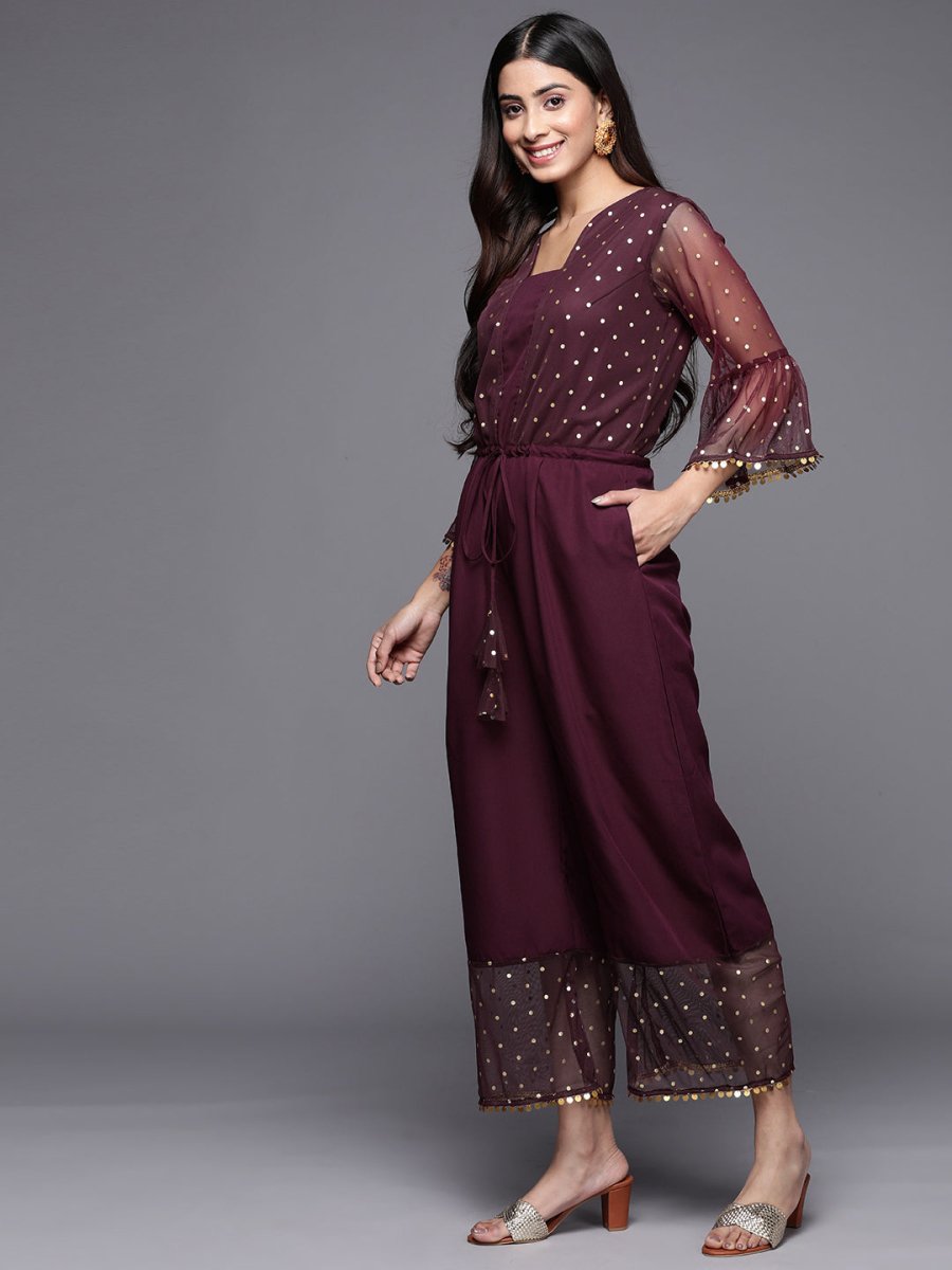 Ahalyaa Printed Bell Sleeves Crepe Basic Jumpsuit With Waist Tie-Ups | Grocsy