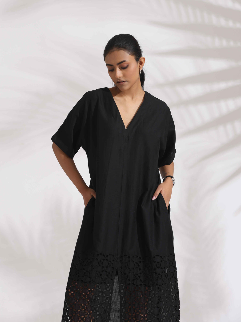 trueBrowns Black Cotton Schiffli Slit Dress | Grocsy