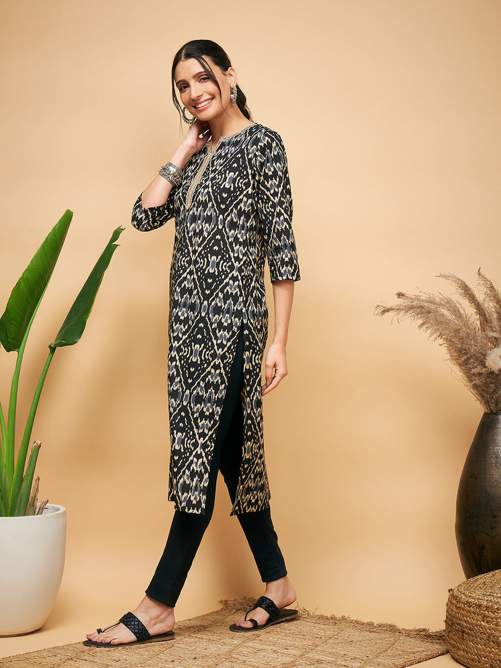 InWeave Women's Black Ikkat Print Gota Cotton Straight Kurta | Grocsy