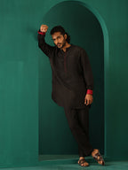 trueBrowns Men's Black Silk Co-ord Set Stitch Detail | Grocsy