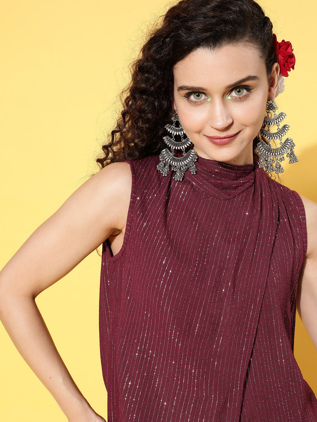 InWeave Women's Maroon Lurex Top With Flared Palazzo | Grocsy