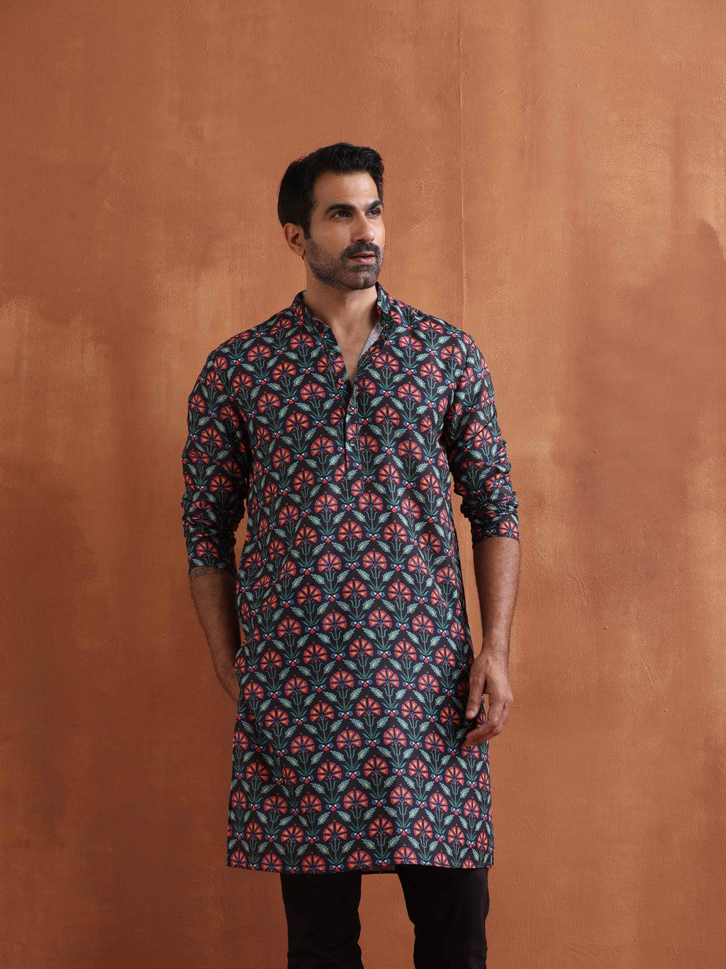 trueBrowns Men's Black Floral Printed Kurta | Grocsy