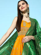 InWeave Women's Mustard Foil Print Strappy With Green Brocade Dupatta | Grocsy