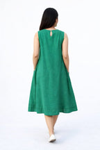 Myshka Women Green Linen Smart Casual A-Line Midi Dress | Grocsy