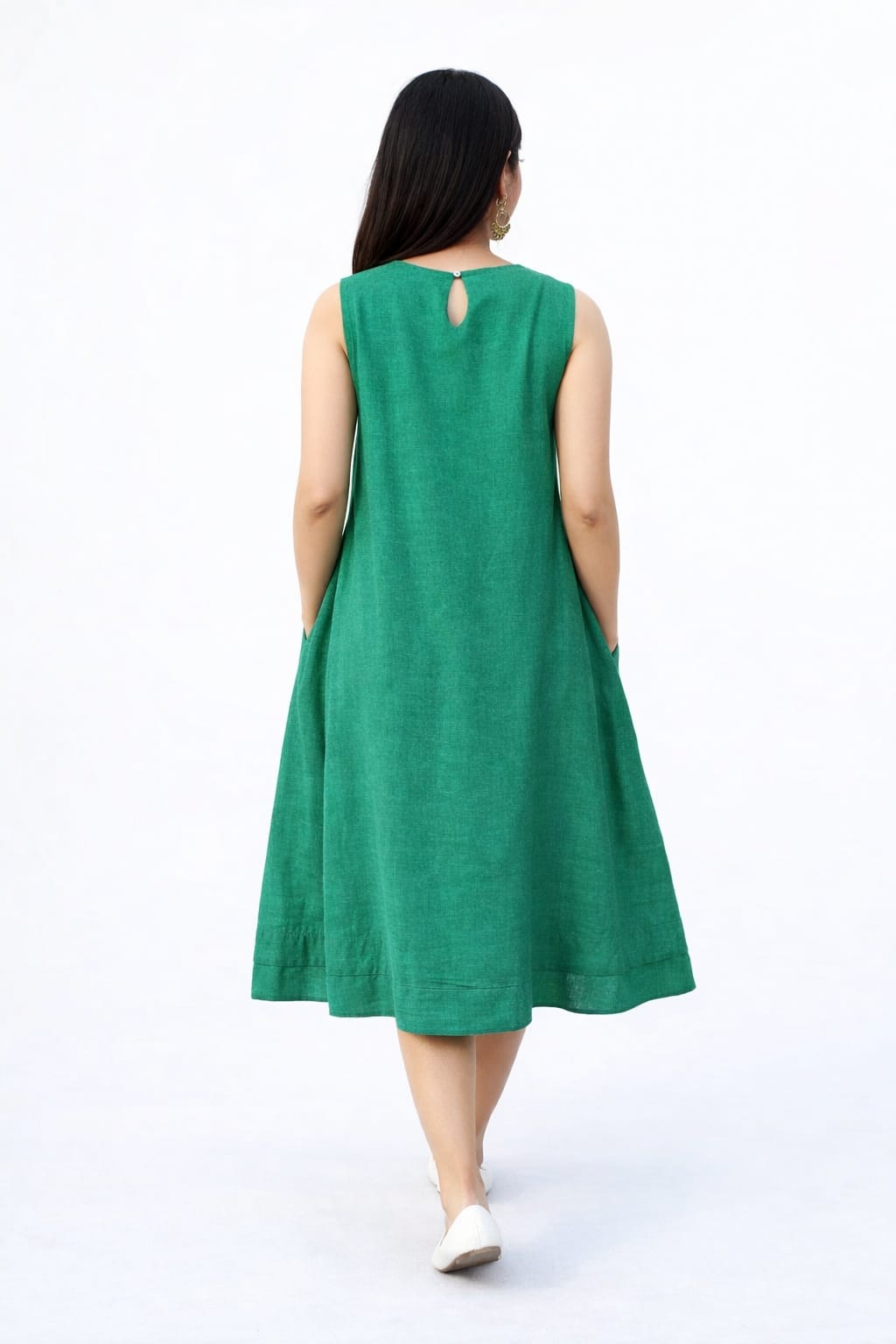 Myshka Women Green Linen Smart Casual A-Line Midi Dress | Grocsy
