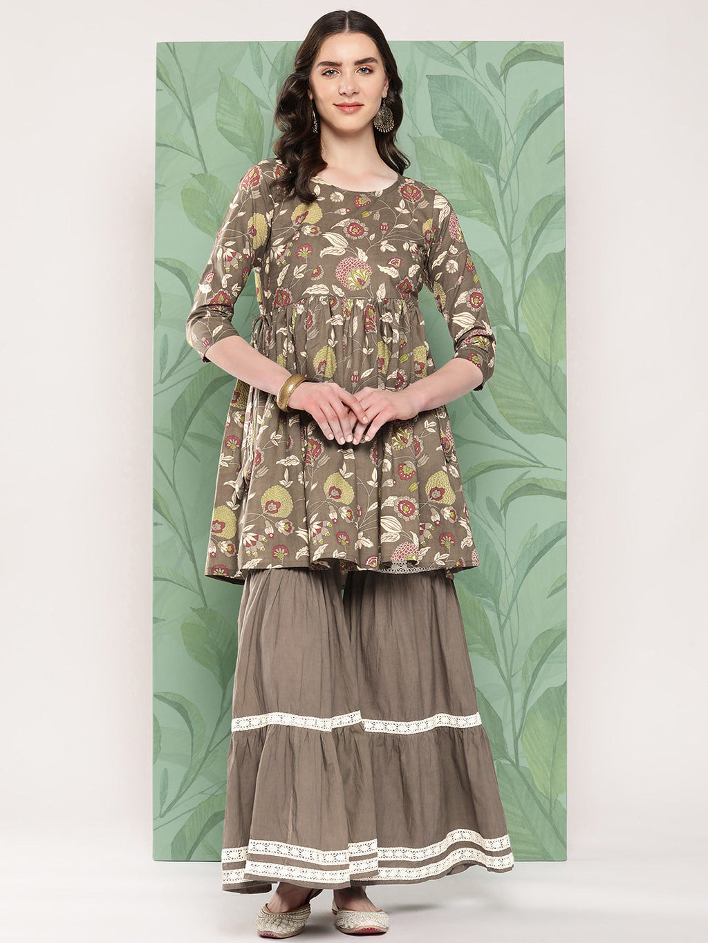 InWeave Women's Olive Shade Tropical Sharara Set | Grocsy